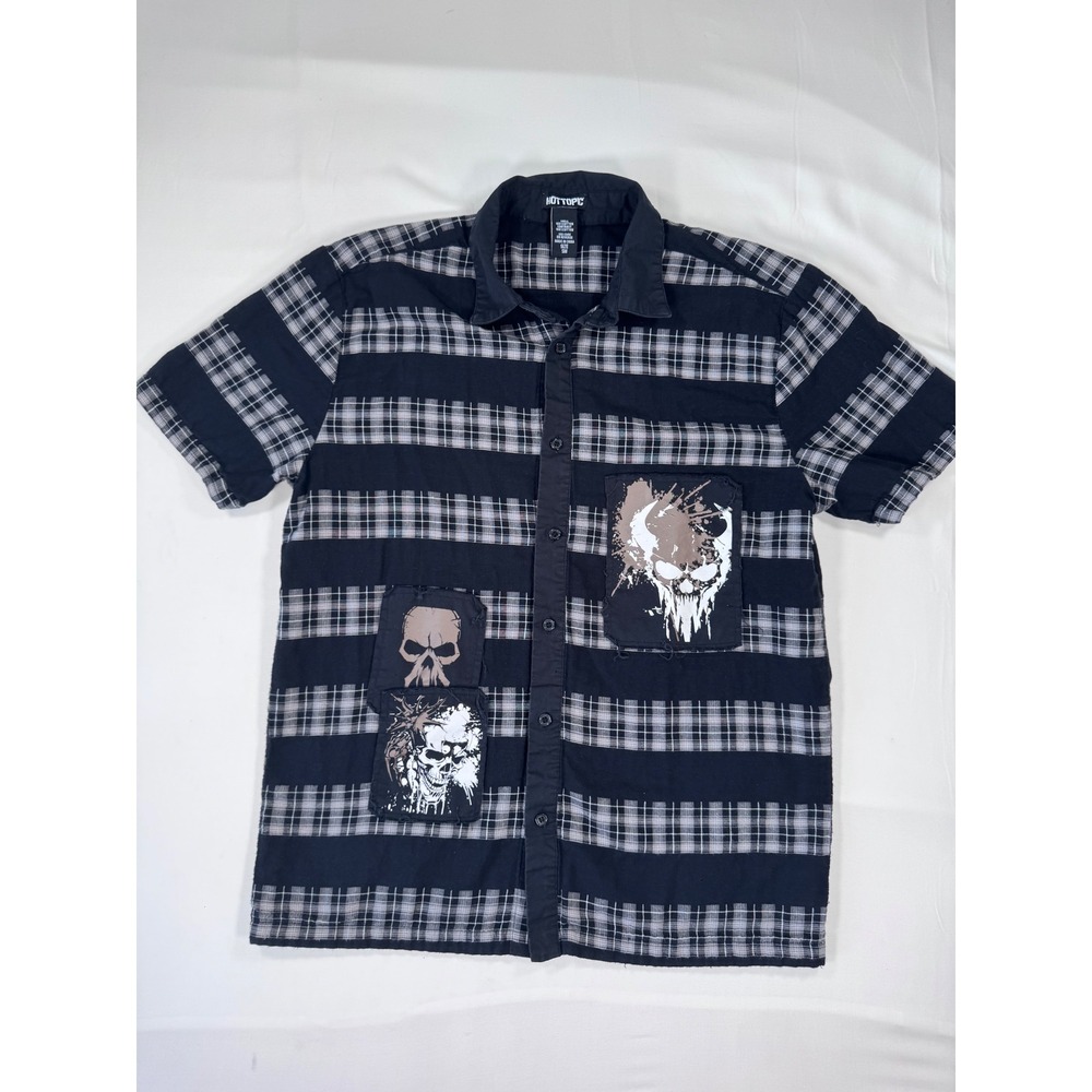 Hot Topic Shirt Plaid Skull Patch Black Grey Men's Small S Grunge Metal Rocker